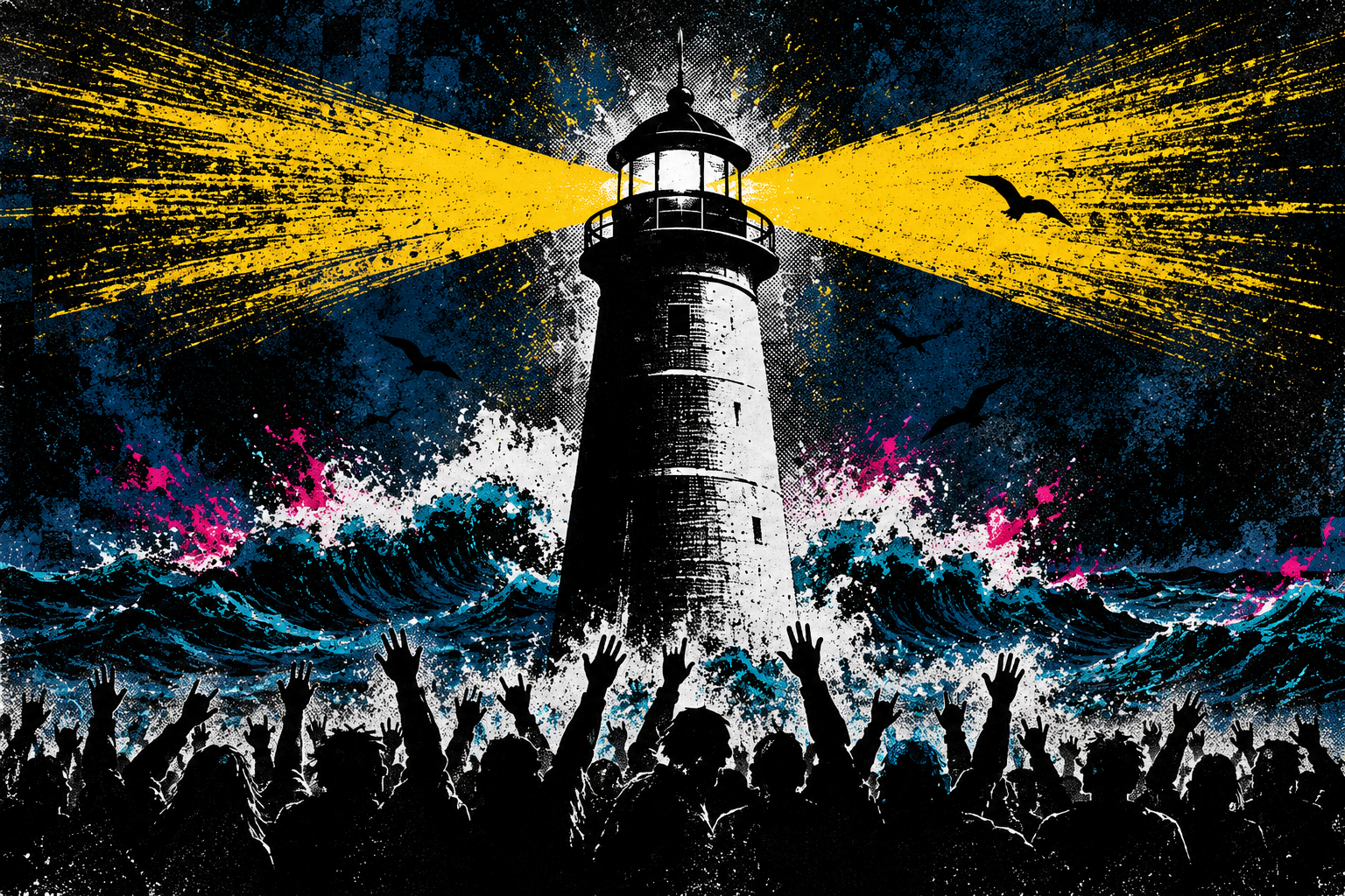 Punk-style lighthouse illustration with yellow beams over waves and a crowd of raised hands.